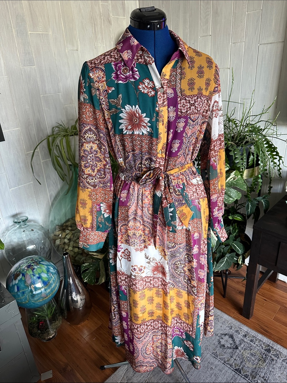 Bohemian Patchwork Long-Sleeve Shirt Dress in Mustard, Teal & Plum